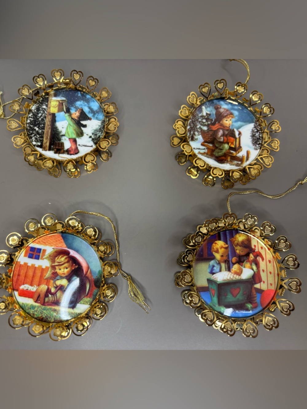 MJ Hummel Vintage Gold Framed Christmas Ornaments - Set of 4